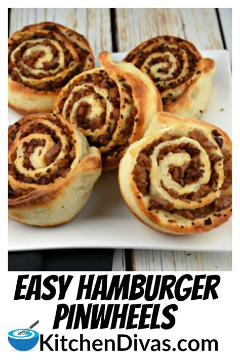 Easy Hamburger Pinwheels are an easy and fabulous snack or meal for any time of the day! Use your favorite ground meat, these tasty treats never disappoint!  #hamburger #groundbeef #groundpork #easyrecipe #kitchendivas #appetizer #snack Hamburger Pinwheels Ground Beef, Appetizers With Hamburger Meat, Ground Beef Pinwheels, Hamburger Meat Appetizers, Hamburger Appetizers, Hamburger Pinwheels, Meat Pinwheels, Meat Appetizers Easy, Pinwheel Wraps