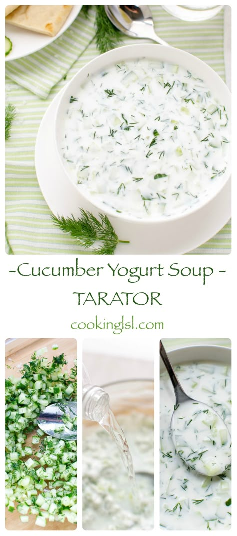 Cold-Cucumber-Yogurt-Soup-tarator-Bulgarian-light-fit Cold Soup Recipes, Cucumber Soup, Cold Soups, Bulgarian Food, Cucumber Yogurt, Chilled Soup, Balkan Food, Summer Soup, Cold Soup