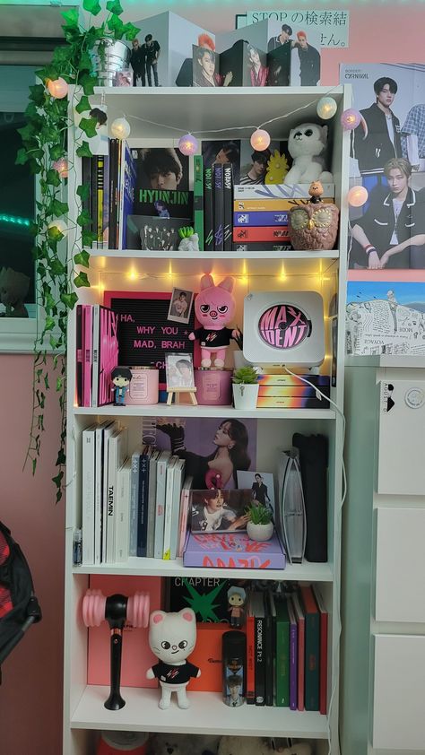 Stray kids kpop album K Pop Album Storage, Aesthetic Kpop Album Shelf, K Pop Display, Straykids Bedroom Ideas, K Pop Decor, Skz Album Shelf, Kpop Album Shelves, Kpop Display Shelf, K Pop Themed Room