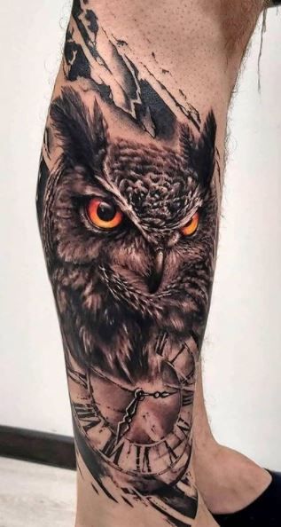 Hoot Owl Tattoos, Owl Tattoo Design For Men Leg, Cool Owl Tattoos, Owl Tattoo Sleeve Mens, Owl And Clock Tattoo Design, Owl Warrior Tattoo, Large Owl Tattoo, Male Owl Tattoo, Owl Clock Tattoo Design