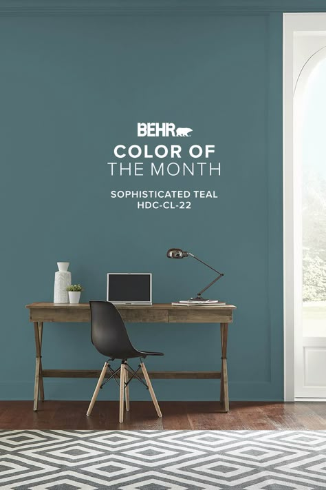 Upgrade your walls with Sophisticated Teal, our Color of the Month. Sophisticated Teal Behr Color Palettes, Teal Gray Paint Colors, Sophisticated Teal Behr, Trinity Thomas, Blue Green Paint Colors, Teal Painted Walls, Teal Kitchen Walls, Teal Office, Teal Front Doors