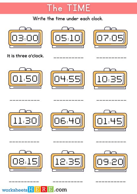 Telling The Time, Write the Time Under Each Clock PDF Worksheet For Kids - WorksheetsHere.com Clock Time Worksheet, Telling The Time Worksheets, Clock Worksheets, Telling Time Worksheets, Math Sheets, Worksheet For Kids, What Time Is It, Time Worksheets, Analog Clock