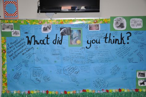 After reading, The One and Only Ivan, I had the Junior High students write their thoughts on the book!!! This was my bulletin board and this also encourages other students/staff to read the book!!! The One And Only Ivan, Literacy Week, One And Only Ivan, Family Involvement, Kids Book Club, 6th Grade Reading, Reading Unit, 4th Grade Ela, Trade Books