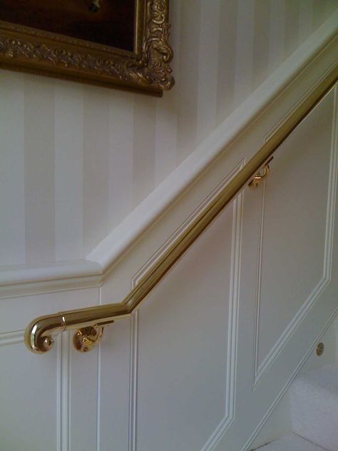 Panelling With Handrail, Stairway Paneling With Handrail, Brass Handrail Stairs, Brass Railing Staircases, Brass Stair Railing, French Staircase, Brass Handrail, Brass Railing, Enclosed Staircase