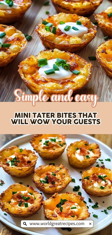 Elevate your appetizer game with these Mini Tater Bites! These Tater Tot Appetizer Cups are packed with flavor and perfect for any occasion. With a crunchy tater tot exterior and a savory filling of seasoned ground meat and veggies, they are a crowd-pleaser for sure. Plus, they are incredibly versatile—experiment with different toppings and fillings to make them uniquely yours. Serve them at your next gathering and prepare for compliments from every guest! Loaded Tater Tot Bites, Best Tater Tots, Tator Tot Bites, Finger Foods Potato, Tator Tot Appetizer Cup, Muffin Tin Recipes Appetizers, Tator Tot Muffin Cups, Tater Tot Potato Skins, Tatar Tot Appetizers