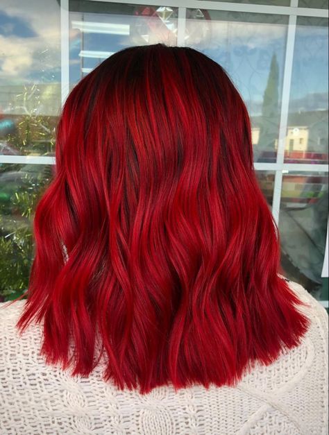 Bright Red Hair Medium Length, Bright Red Hair Dark Roots, Bright Red Ombre Hair, Bright Red Short Hair, Red Hair Shadow Root, Bright Red Balayage Hair, Red Hair Color Bright, Red Hair Color Short, Vivid Red Hair Color