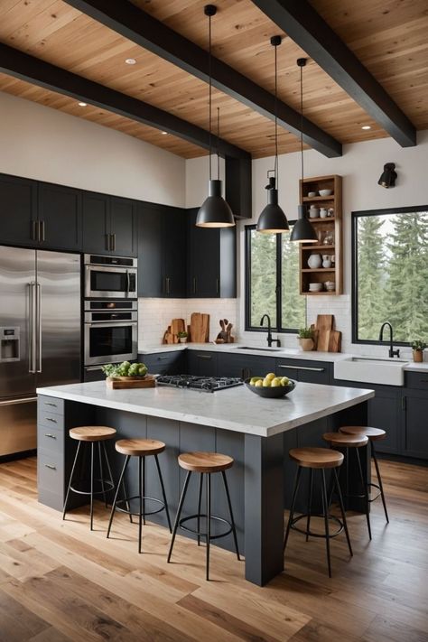 Modern Barndominium Kitchen, Kitchen Design Industrial Modern, Mountain Interior Design Rustic, Mountain Modern Farmhouse, Modern Ski House Kitchen, Moody Open Concept Kitchen Living Room, Kitchen With Island Ideas, Modern Cozy Kitchen, Cabin Kitchen Ideas