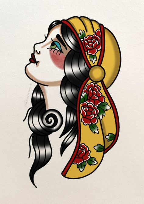 Tattoo Romani, Traditional Womans Head Tattoo, American Traditional Romani, Romani Traditional Tattoo, Traditional Tattoos Lady Head, Lady Head Tattoo Traditional, Traditional Tattoo Girl Head, Traditional Lady Face Tattoo, Tattoo Wall Art