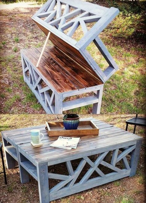 Convertible Coffee Table, Homemade Tables, Easy Coffee, Shop Layout, Tables Diy, Woodworking Bench, Pallet Wood, Outdoor Bench, Diy Patio Furniture