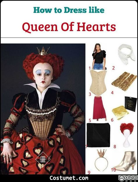 The Red Queen of Hearts costume is a gown with gold lined accent and a skirt designed with multiple hearts. She wears a heart-shaped red wig, colored socks, and a gold-toned ankle boots.           #Female #movies #Disney #female #scary #AliceinWonderland Costume Ideas Alice In Wonderland, Queen Of Hearts Costume Ideas, Diy Queen Of Hearts, Queen Of Hearts Outfit, Red Queen Of Hearts, Red Queen Costume, Queen Of Hearts Halloween Costume, Hearts Outfit, Queen Of Hearts Halloween