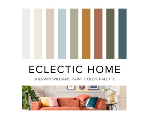 Create a captivating decorating scheme for your eclectic home interior by choosing professionally selected paint colors from Sherwin Williams that complement both Mid Century Modern and Bohemian/ Boho-style living. Experience the seamless coordination and versatility of Sherwin Williams "Eclectic Home" palette, where each color reflects professionalism and artistry. Elevate your home decor with this curated collection, ensuring your living spaces exude style, charm, and an eclectic allure that c Eclectic Living Room Paint Colors, Apartment Bedroom Color Schemes, Mcm Meets Boho, Columbian Interior Design, Maximalist Paint Colors, Interior Paint Colors Modern, Sherwin Williams Paint Palette, Painted Ceiling Living Room, Terracotta Color Palette Living Room