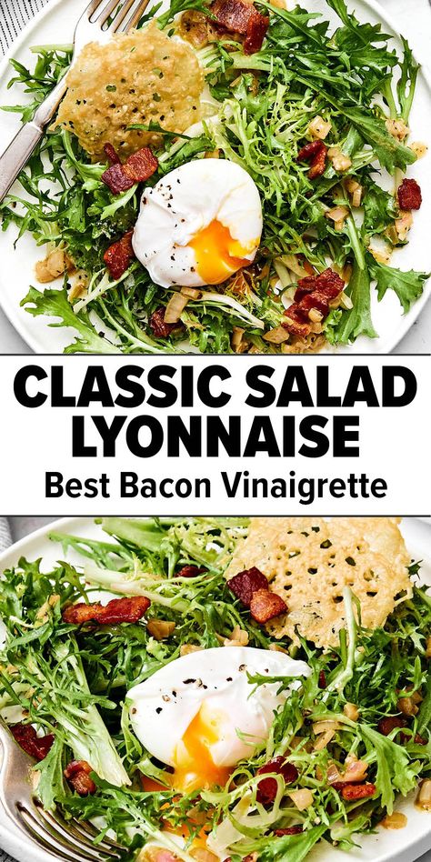 Salad lyonnaise recipe with bacon vinaigrette. Lyonaisse Salad, Bacon Egg Salad Recipe, Breakfast Salad Ideas, Salad Lyonnaise, Lyonnaise Salad, French Salad Recipes, Warm Bacon Vinaigrette, Bacon Egg Salad, French Salad