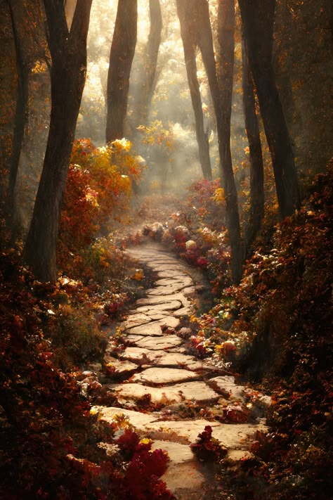 Enchanted Fall Forest, Fall In The Forest, Magical Autumn Forest, Fantasy Autumn Forest Aesthetic, Autumn Fae Aesthetic, Enchanted Autumn Forest, Magical Fall Forest, Fall Fantasy Art, Autumn Forest Art