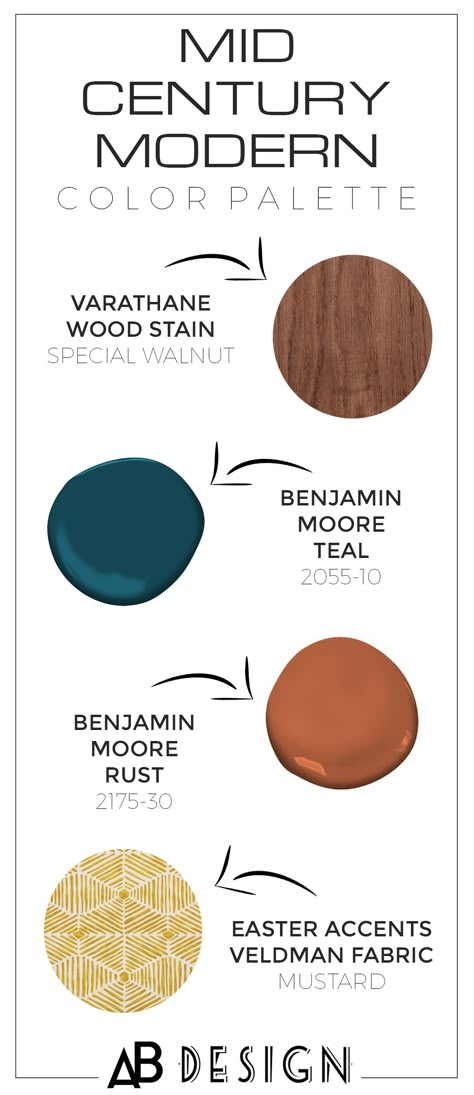 Mid Century Stain Color, Teal And Caramel Living Room, Mid Century Modern Colour Scheme, Mid Mod Paint Colors, Teal And Rust Kitchen, Mid Century Modern Clothing, Modern Bathroom Ideas Color Schemes, Mid Century Orange, Behr Mid Century Modern Colors