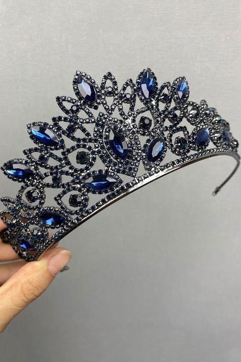 Navy Blue Bridal Henna Crown and Earrings Navy Blue Dark Blue Quinceanera Crown, Dark Blue Quince Crown, Black And Blue Crown, Navy Blue Quince, Dark Blue Crown, Sweet 16 Venues, Crown Bride Wedding, Navy Blue Quinceanera, Navy Blue Crown