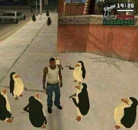 Gta screen with madagasca pinguins Gta Funny, Carl Johnson, Image Meme, 3d Karakter, Gta Sa, Reaction Face, Funny Profile, Funny Profile Pictures, San Andreas