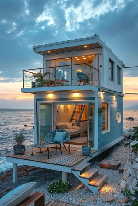 Tiny Beach House, Small Beach Houses, Tiny House Loft, Container House Design, Tiny House Cabin, Stilts, Container Home, Tiny House Plans, Tiny House Living