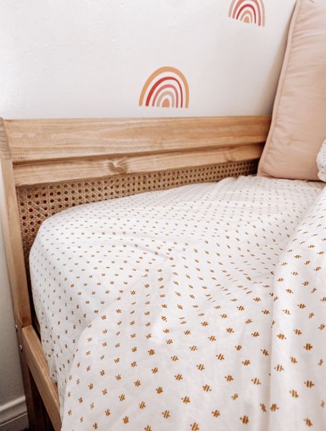 Neiden Twin bed hack with cane webbing Twin Ikea Bed, Twin Bed Girls Room Ideas, Vevelstad Ikea Bed, Boho Twin Bed Frame, Ikea Bed Frame Hack, Toddler Bedding Ideas, Twin To King Bed Conversion Diy, Ikea Twin Beds Shared Room, Utaker Ikea Hack