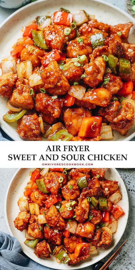 Better than takeout air fryer sweet and sour chicken that has crispy juicy chicken and crunchy vegetables served with a rich sauce. It’s so easy to put together, uses way less oil than the regular version, and tastes so great! {Gluten-Free Adaptable} Gluten Free Recipes For Dinner Air Fryer, Asian Potluck, Crunchy Vegetables, Actifry Recipes, Meals Chicken, New Air Fryer Recipes, Air Fryer Recipes Snacks, Asian Dinner, Sweet And Sour Chicken