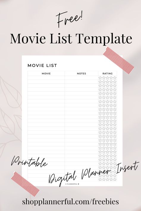 Free Movie List Template Freebie Digital Printable Movie List Digital Journal Planner Insert Freebie Film Journal Template, Movie List Template, Watchlist Template, Movie Rating Template, Movie Journal Template, Movie Tracker Template, Movie Tracker Printable, Movie Planner, Movie Rating