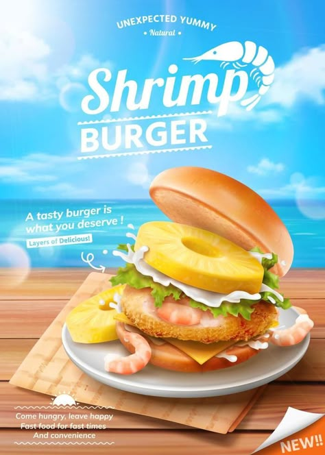 Shrimp burger ads on summer ocean background in 3d illustration Seafood Advertising, Seafood Burger, Summer Ads, Burger Ads, Summer Burger, Summer Burgers, Background Ocean, Curry Puff, Ocean Food