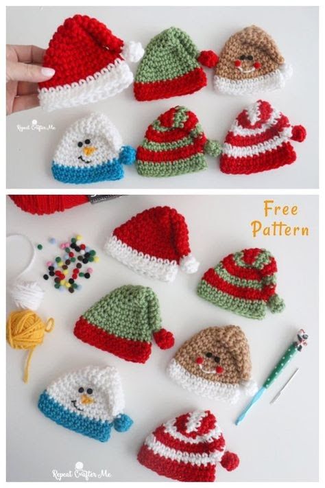 Crochet Hat Garland, Crochet Little Gifts, Christmas Crochet Gifts, Crochet Elf Hat, Crochet Christmas Hats, Crochet Christmas Ornaments Free, Crochet Ornament Patterns, Christmas Crochet Patterns Free, Crocheted Christmas