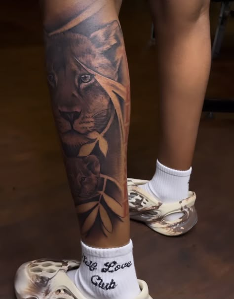 Leg Quarter Sleeve Tattoo, Men Leg Tattoo Ideas Design, Leg Tattoos Women Lower Calf, Unique Leg Tattoos, Lower Leg Tattoos Women, Lion Leg Tattoo, Calf Sleeve Tattoo, Calf Tattoo Ideas, Simple Leg Tattoos