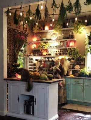 Witchy Kitchen Colors, Gothic Cottage Core Kitchen, Kitchen Witchery Aesthetic, Witches Kitchen Inspiration, Witchcore Kitchen, Whimsigoth Kitchen Decor, Witchy Coffee Bar, Witchy Apothecary Kitchen, Goblincore Kitchen