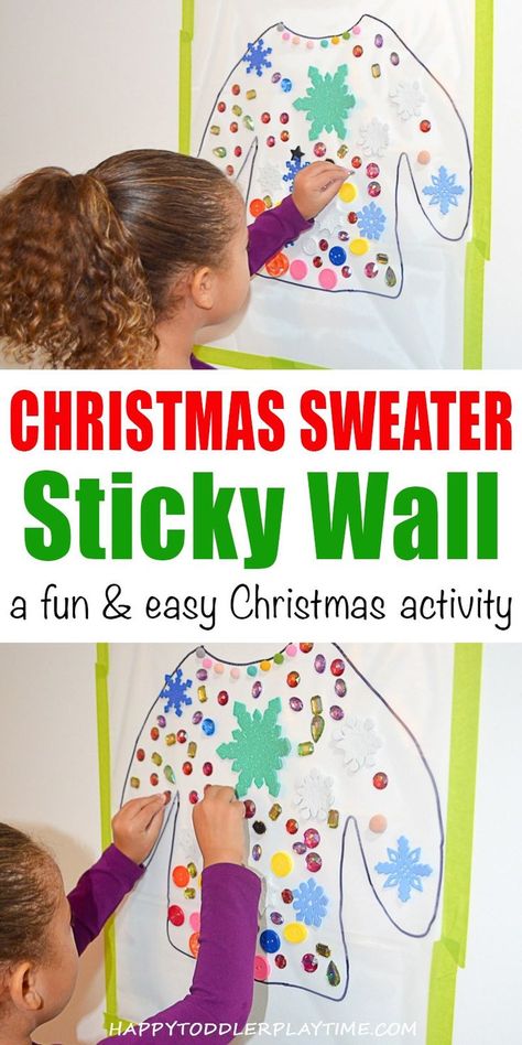 Christmas Sweater Sticky Wall - HAPPY TODDLER PLAYTIME Christmas sweater sticky wall is an amazing activity for toddlers, preschoolers and kindergartners. Keep them happy and engaged and work on fine motor skills! Christmas Activities For Toddlers, Sticky Wall, Christmas Wall Stickers, Christmas Lesson, December Activities, Activity For Toddlers, Fun Christmas Activities, Christmas Activities For Kids, Christmas School