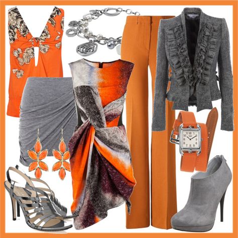 "how to wear orange, part 3" by hollandcox on Polyvore Women Pants Outfit, Orange Outfits, Orange Coat, Corner Office, Orange Outfit, Colour Theme, Color Board, Funky Fashion, Grey Colour