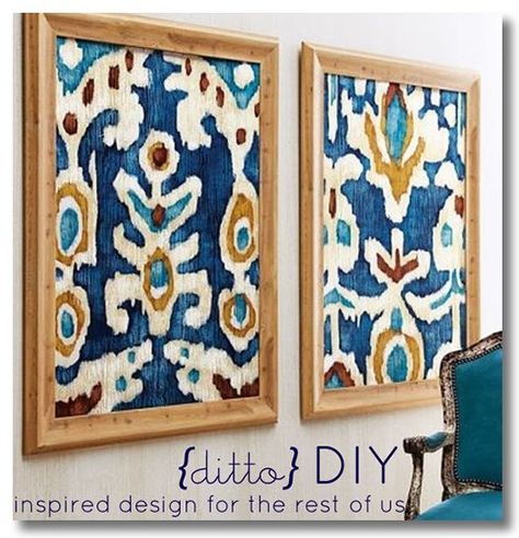 framed fabric: probably easiest way to get expensive or trendy patterns and fabrics in your room Wall Pattern Diy, Framed Fabric Art, Framed Fabric Wall Art, Ikat Art, Cheap Wall Decor, Fabric Wall Art, Framed Fabric, Décor Diy, Fabric Wall