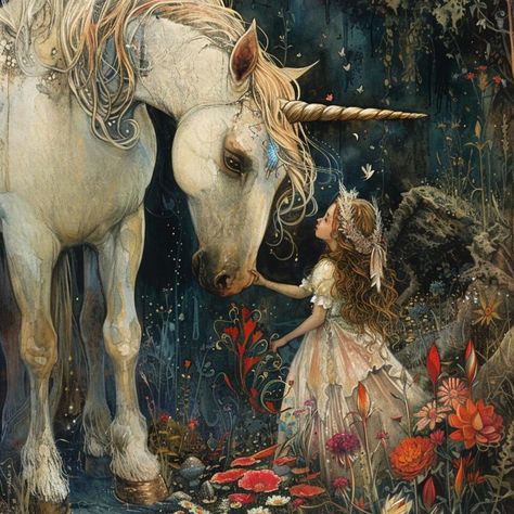 Unicorn and Little Princess Art Print Unicorn Girl Art, Old Unicorn Art, Mystical Unicorn, Unicorn Medieval Art, Enchanted Forest Unicorn Art, Real Fairies, Unicorn Artwork, Unicorn Painting, Unicorn And Fairies