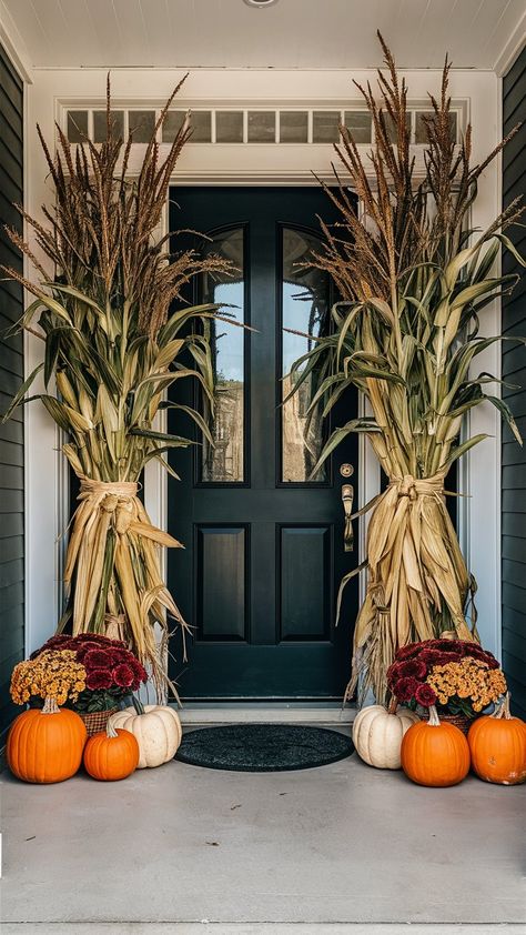 Discover 40 front porch fall decor ideas featuring pumpkins, mums, scarecrows, and straw bales. Create a cozy, rustic ambiance with these charming and creative decorations. Fall Front Porch Decor Columns, Porch Thanksgiving Decor, Outdoor Pumpkin Decor Front Porches, Cornstalk Decor Front Porch, Fall Doorway Decor, Mums Porch, Front Porch Fall Decorating Ideas, Autumn Outdoor Decor, Front Porch Fall Decor Ideas