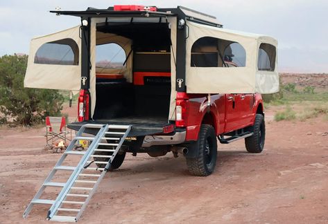 Far-Out Camping's Expanding Fold-Out System - Overland Expo® Truck Camping Ideas, Off Road Pop Up Camper, Truck Bed Pop Up Camper, Camper Topper Truck Camping, Campervan Pop Up Roof, Pop Up Camper Roof Rebuild, Truck Shells, Folding Campers, Toy Hauler Camper