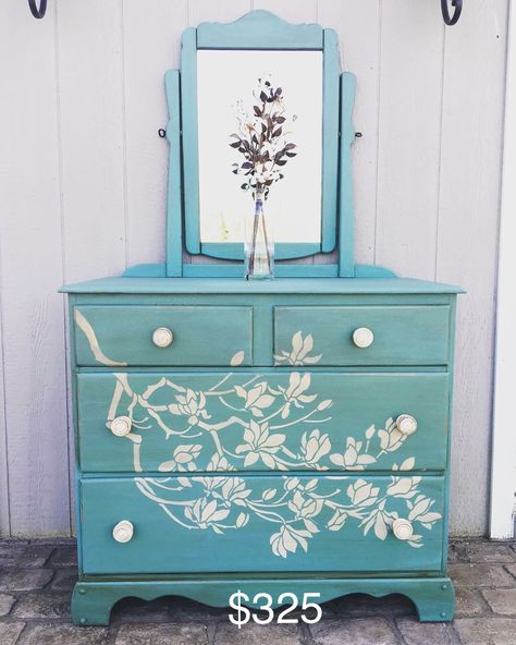 Dresser with mirror painted in a beautiful blue green with painted magnolia leaves on drawers. $325 Painted Magnolia, Mirror Paint, Diy Furniture Redo, Leaf Painting, Magnolia Leaves, Furniture Redo, Funky Painted Furniture, Painted Leaves, Bedroom Decoration