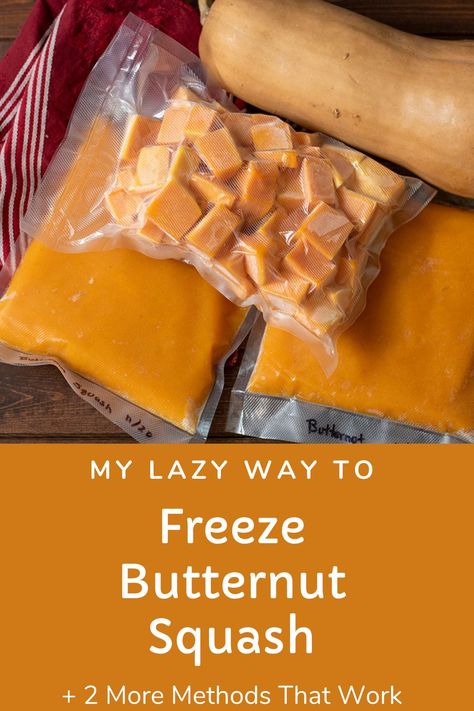 You've got to try my no-peel, no-chop way to freeze butternut squash. Freezer Butternut Squash Soup, Butternut Squash Recipes To Freeze, Freeze Butternut Squash How To, Freezing Buttercup Squash, How To Freeze Butternut Squash Cubes, Can You Freeze Butternut Squash, Butternut Squash Preserving, Butternut Squash Freezer Recipes, Butternut Squash Freezing