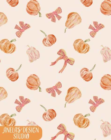 Once you start drawing bows you can't stop and add them everywhere🎀☺️ So here's my new Coquette Pumpkins print in a watercolor fall-inspired style with plaid patterns and OMG how cute are they?!🎃🎃🎃🎀🎀🎀🎨👩‍🎨 Swipe for more colorways🎨 You can find this pattern on fabric, home decor, and wallpaper in my Spoonflower shop 🔗 https://www.spoonflower.com/collections/891103-autumnal-woodland-by-anela-s_design_studio So if you like to sew, and decorate your home for fall time check out this print usi... Fall Print Wallpaper Iphone, Fall Season Wallpapers Iphone Wallpaper, Coquette Fall Background, Cute Halloween Pattern Wallpaper, Fall Iphone Wallpaper Layout, Autumn Coquette Wallpaper, Pumpkin And Bows Wallpaper, Pumkin Wallpapers Cute, Fall Watercolor Wallpaper