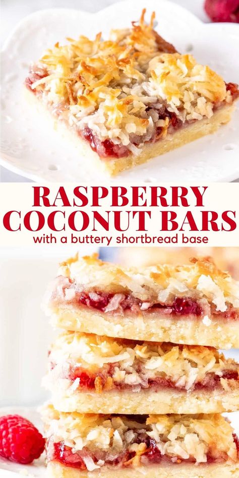 These raspberry coconut bars - AKA raspberry jam bars - have a buttery shortbread base with a sweet raspberry filling and coconut on top. The flavor combo is absolutely addictive and they're simple to make #raspberry #coconut #bars #raspberryjam #shortbread from Just So Tasty https://www.justsotasty.com/raspberry-coconut-bars/ Raspberry Coconut Bars, Raspberry Macaroons, Jam Bars, Coconut Jam, Coconut Macaroon, Raspberry Bars, Coconut Slice, Raspberry Desserts, Slice Recipe