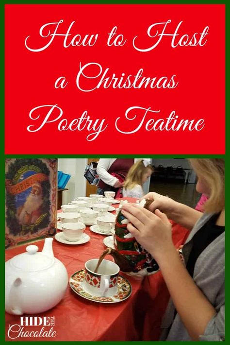 Hot cocoa, marshmallows, and cupcakes mixed with a little holiday poetry were all we needed for a fun-filled Christmas Poetry Teatime! #christmas #poetryteatime #homeschooling via @hidethechocolate Christmas Tea Quotes, Charlotte Mason Christmas Books, Poetry Tea Time Snacks, Holiday Poetry, Poetry Tea Time Homeschool, Christmas Poetry, Poetry Tea, Poetry Tea Time, Homeschool Advice