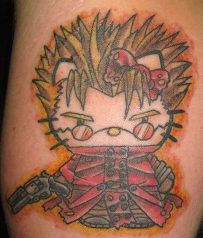 Trigun/Hello Kitty tattoo Stampede Tattoo, Trigun Tattoo, Tattoo Hello Kitty, Vash Stampede, Hello Kitty Tattoo, Vash The Stampede, Kitty Tattoo, Hello Kitty Tattoos, Tattoo Flash Art