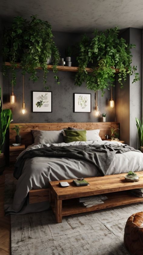 Wood Finish Bedroom Interior, Mens Basement Bedroom Ideas, Rustic Brown Bedroom Ideas, Moody Bedroom Lighting, Dark Forest Bedroom Aesthetic, Industrial Bedroom Decor Ideas, Bedroom Shelves Ideas, Parents Bedroom Design, Earthy Dining Room