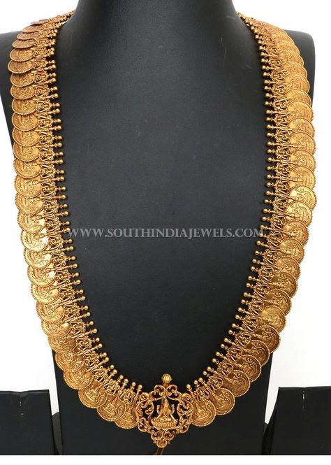 300 Grams Gold Long Lakshmi Kasumalai Necklace ~ South India Jewels Kalusaperu Designs Gold, Necklace Design Ideas, Kasula Peru, Kasu Haram, Saree Outfits, Gold Haram Designs, Haram Designs, Gold Haram, India Shopping