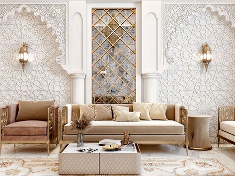 Moroccan Interiors Living Room, Light Design For Living Room, Roof Ceiling Design, Moroccan Majlis, Islamic Living Room, Ceiling Interior Design, Modern Arabic Interior, Arabic Interior Design, Majlis Design