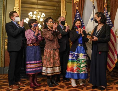 Secretary Deb Haaland wore a ribbon skirt designed by Agnes Woodward (Plains Cree) to her ceremonial swearing-in on Thursday. (Photo by Tami Heilemann, Department of the Interior) Ribbon Skirt Outfit, Deb Haaland, Headshot Ideas, Ribbon Skirt, Ribbon Skirts, Indigenous Americans, Ribbon Shirt, Sewing Ribbon, Independent Women