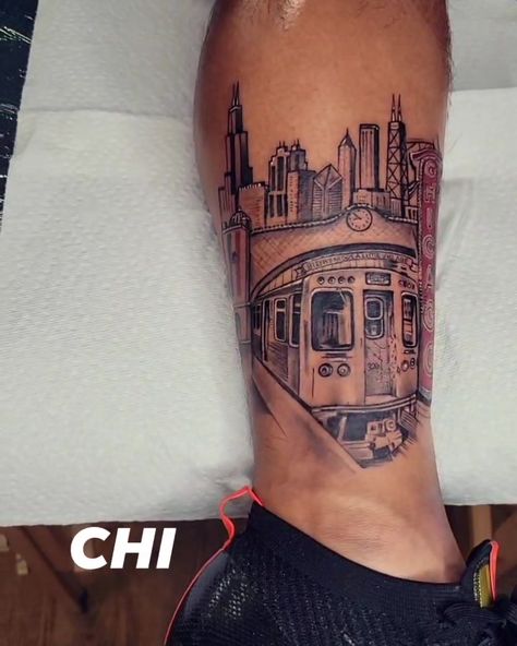 Chicago Theme Tattoo, Boston Themed Tattoo, Chicago Themed Tattoos, Chicago Inspired Tattoos, Chicago Stars Tattoo, Chicago Tattoo Ideas, Chicago Flag Tattoo, Chicago Skyline Tattoo, Upper Half Sleeve Tattoos