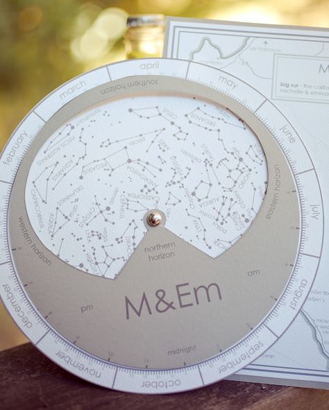 This couple gifted guests with a tool to take advantage of their venue's scenery. A star finder—found online and customized by Yonder Events—helped attendees stargaze at the prime location. Space Themed Desserts, Wedding Theme Inspiration, Celestial Wedding, Space Wedding, Wedding Menu Cards, Martha Stewart Weddings, Star Wedding, Menu Cards, Martha Stewart