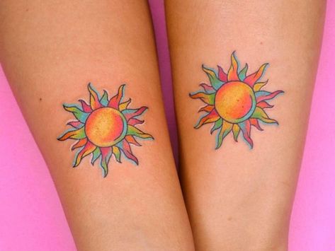 Colorful Sun Tattoos For Women, Colored Sun Tattoo, Colorful Sun Tattoo, Sunshine Tattoos For Women, Flower Sun Tattoo, Sun Tattoo Color, Sun Tattoos For Women, Rainbow Tattoo Ideas, Sunshine Tattoos