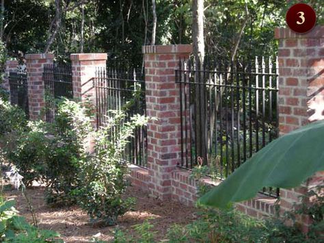 Custom wrought iron fencing in Raleigh NC - wrought iron & aluminum fences for residential & commercial - Durham welding, repair, design, fabrication of aluminum & iron beds, balconies, decks, lawn, garden, spiral stairs, gates, fences, railings. Wrought Iron Fencing, Commercial Stairs, Garden Spiral, Brick Ideas, Iron Fencing, Welded Metal Projects, Iron Beds, Front Fence, Brick Fence