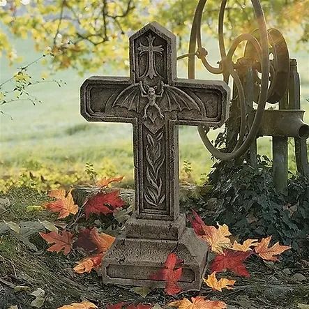 Graveyard Props & Tombstones | Haunted Props Cross Statue, Statue Fountain, Vampire Blood, Halloween Graveyard, Tales From The Crypt, Halloween Tombstones, Adornos Halloween, Gothic Vampire, Halloween Yard