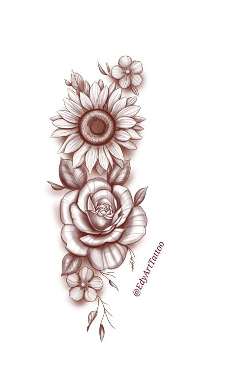 #CoolTattoos #TattooArt #InkMaster #TattooDesigns #InkedUp #TattooLovers #InkInspiration #TattooIdeas #CreativeInk #TattooStyle Sunflower Tattoo With Roses, Rose Lily Sunflower Tattoo, Sunflower And Rose Tattoo Design, Sunflower With Roses Tattoo, Sunflower Roses Butterfly Tattoo, Sun Flower And Rose Tattoo, Dahlia And Sunflower Tattoo, Sunflower Rose Tattoo Design, Realistic Sunflower Tattoo Design